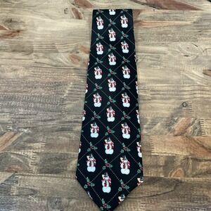 Christmas Neck Tie Mens Snowman Theme Black Silk by Hallmark Frosty Holly